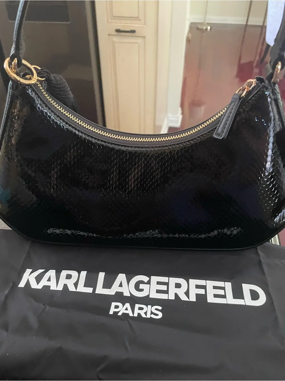 Karl Lagerfeld Black Patent Embroidered Tassel Shoulder Bag - Picture 5 of 8